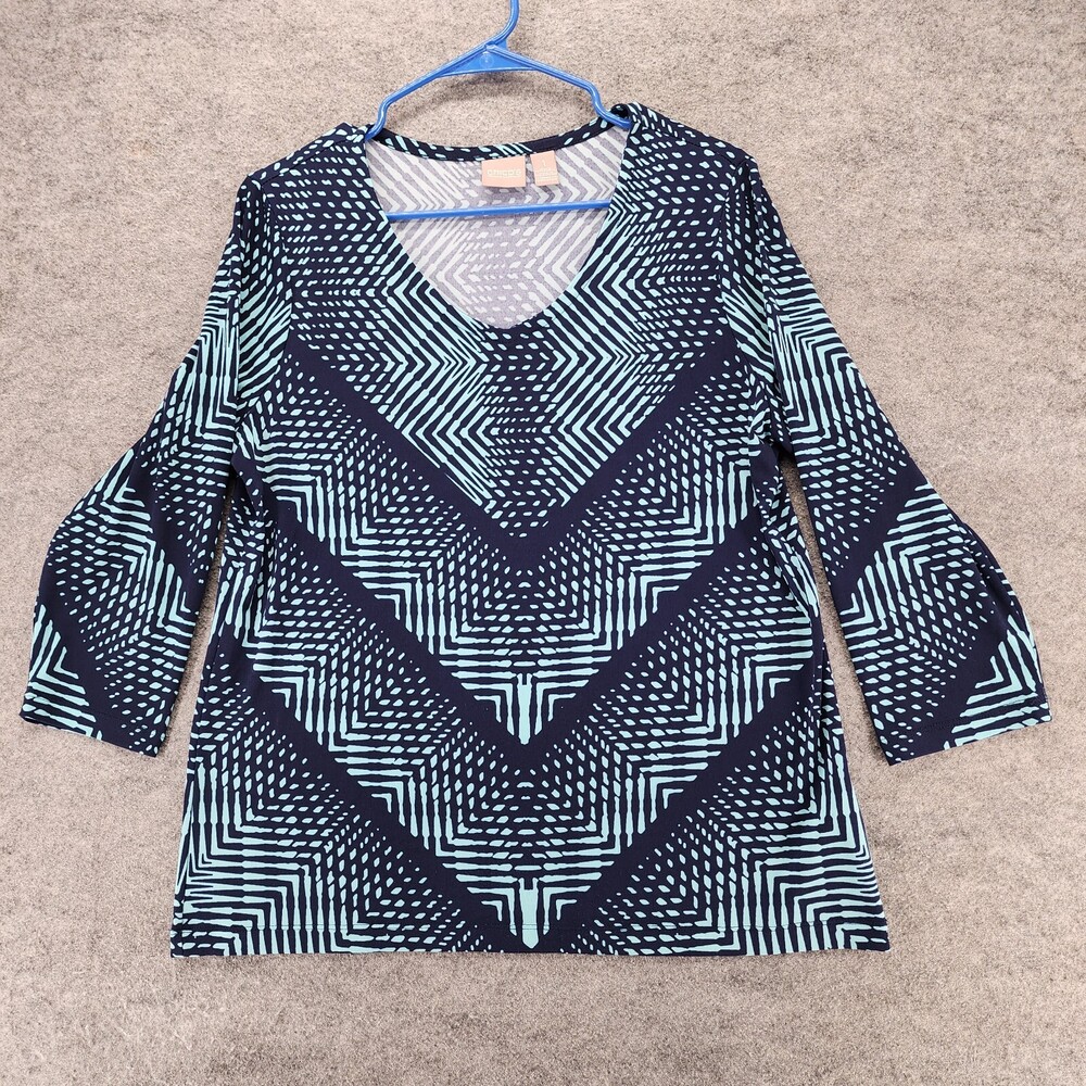 Chicos Shirt Womens 1 Medium 3/4 Sleeve Blue
